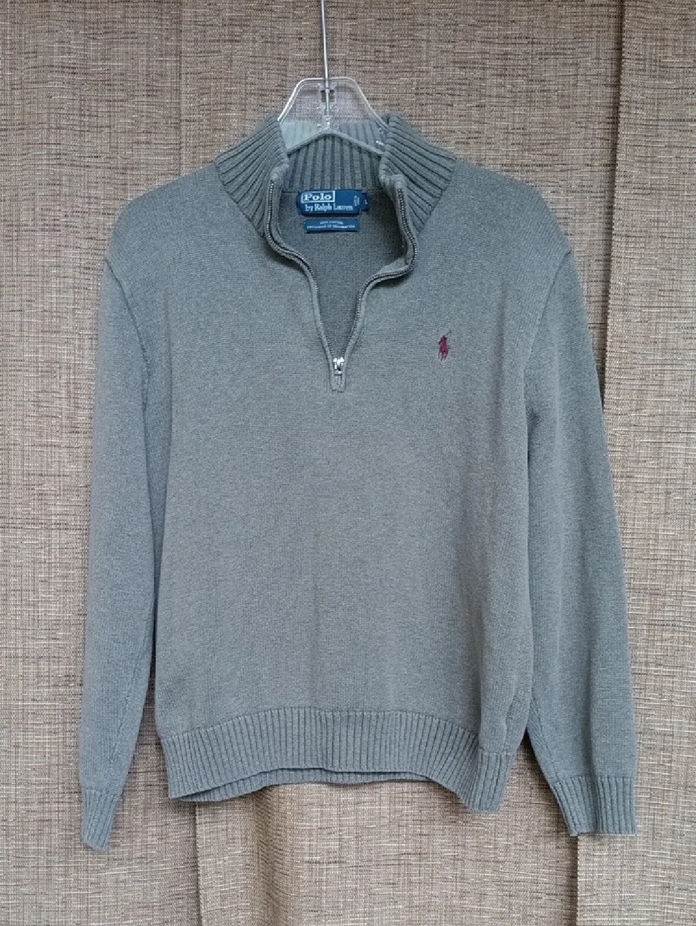 Polo by Ralph Lauren Men's Light Gray Quarter-Zip Sweater with Maroon Pony
